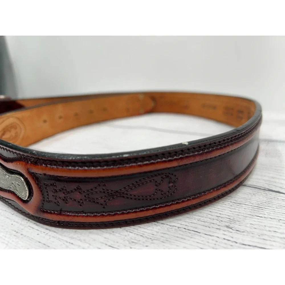 Leegin Tooled Design Concho Brown Leather Silver Buckle‎ Western Belt Size 40